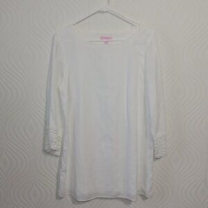 LILLY PULITZZER sz M White Linen Tunic Lined w/ crochet slv trim